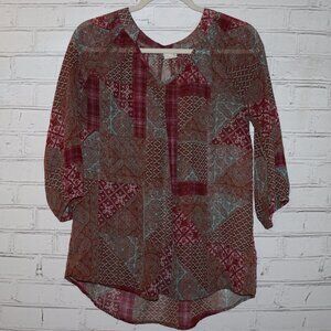 💗💙 Pink Owl Sheer Patchwork Blouse · Size Small · 3/4 sleeves